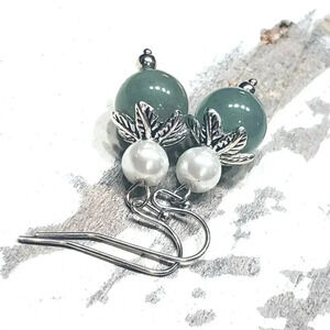 Handcrafted Malaysia Jade Gemstone White Faux Pearl Silver Dangle Earrings